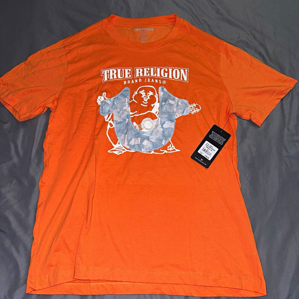 True Religion Buddha Denim Fill Tee Graphic Logo SS Crew Neck T-Shirt Orange XL